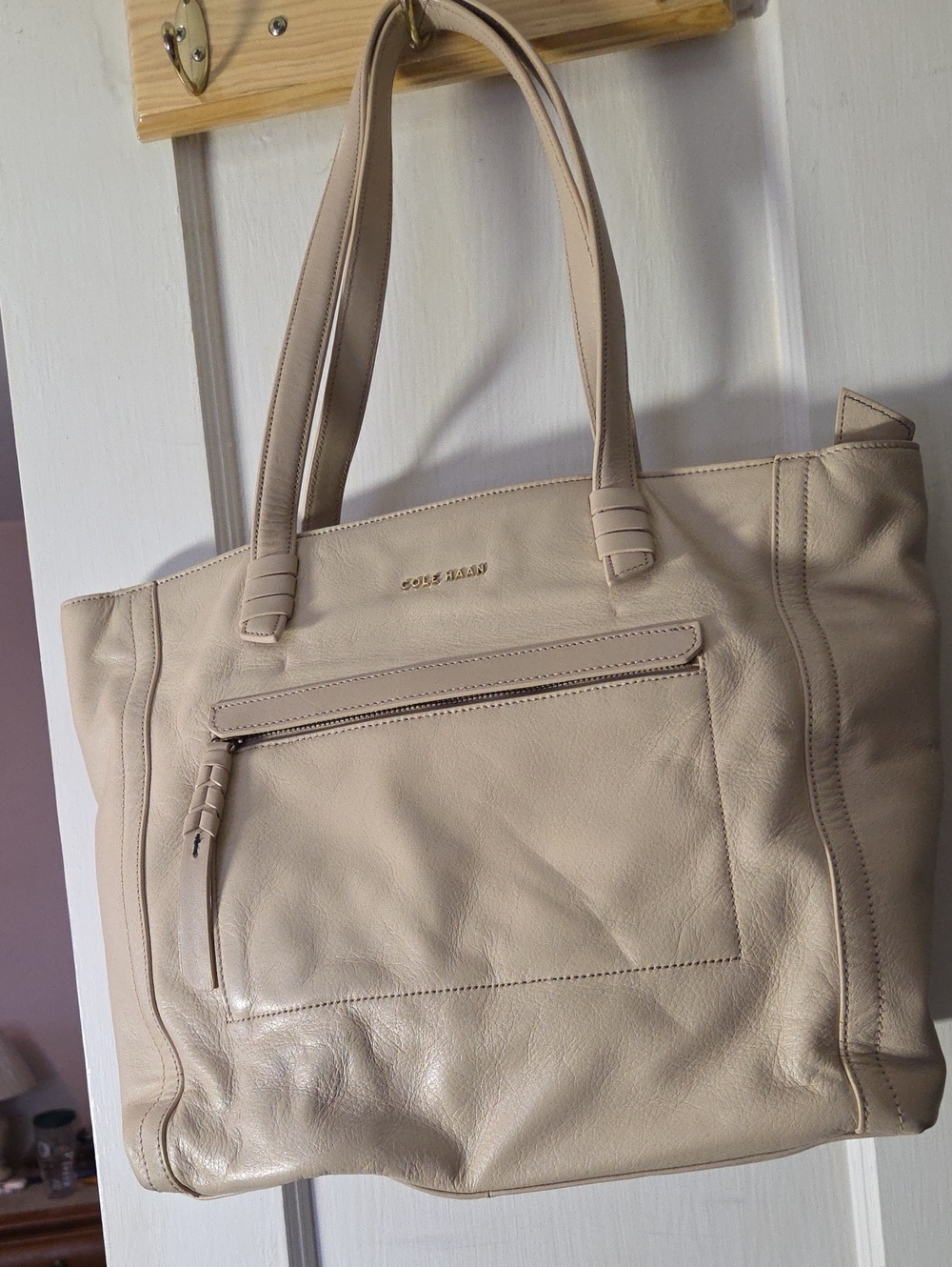 Cole Haan Cream Leather Tote with Front Zip Pocket